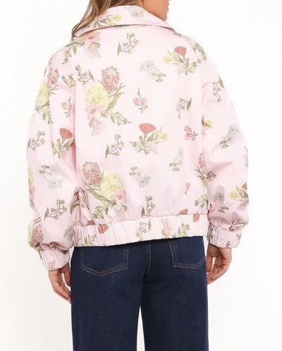 Floral Twill Zip Jacket in Pale Pink Floral