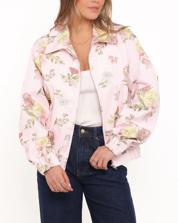Floral Twill Zip Jacket in Pale Pink Floral