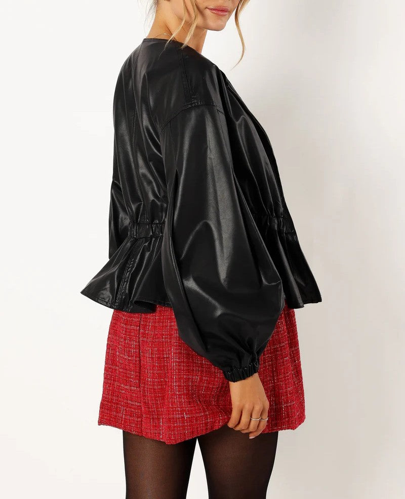 Faux Leather Puff Sleeve Jacket in Black